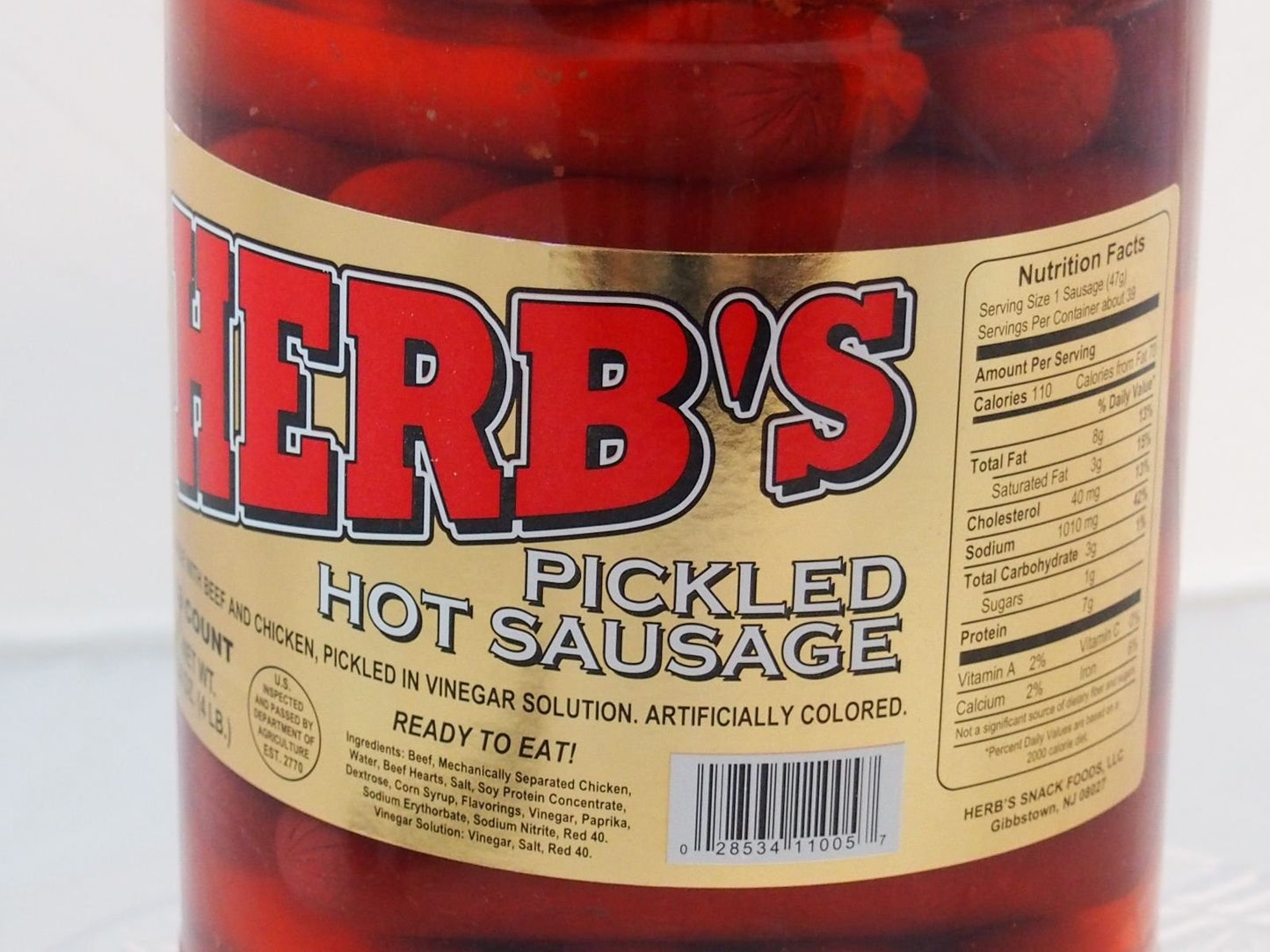 Herbs RED HOT Pickled Sausage (1 Gal. Jar) 39 Count Beef & Chicken No Pork ( From Jersey Candy Company)