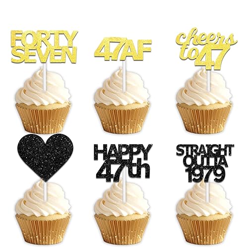 18pcs Black Gold Glitter Dessert Cupcake Pick for Straight Outta 1979 Cheer to 47 Years Old Theme Decor Supplies Happy 47th Birthday Party Decoration