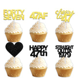 18pcs Black Gold Glitter Dessert Cupcake Pick for Straight Outta 1979 Cheer to 47 Years Old Theme Decor Supplies Happy 47th Birthday Party Decoration