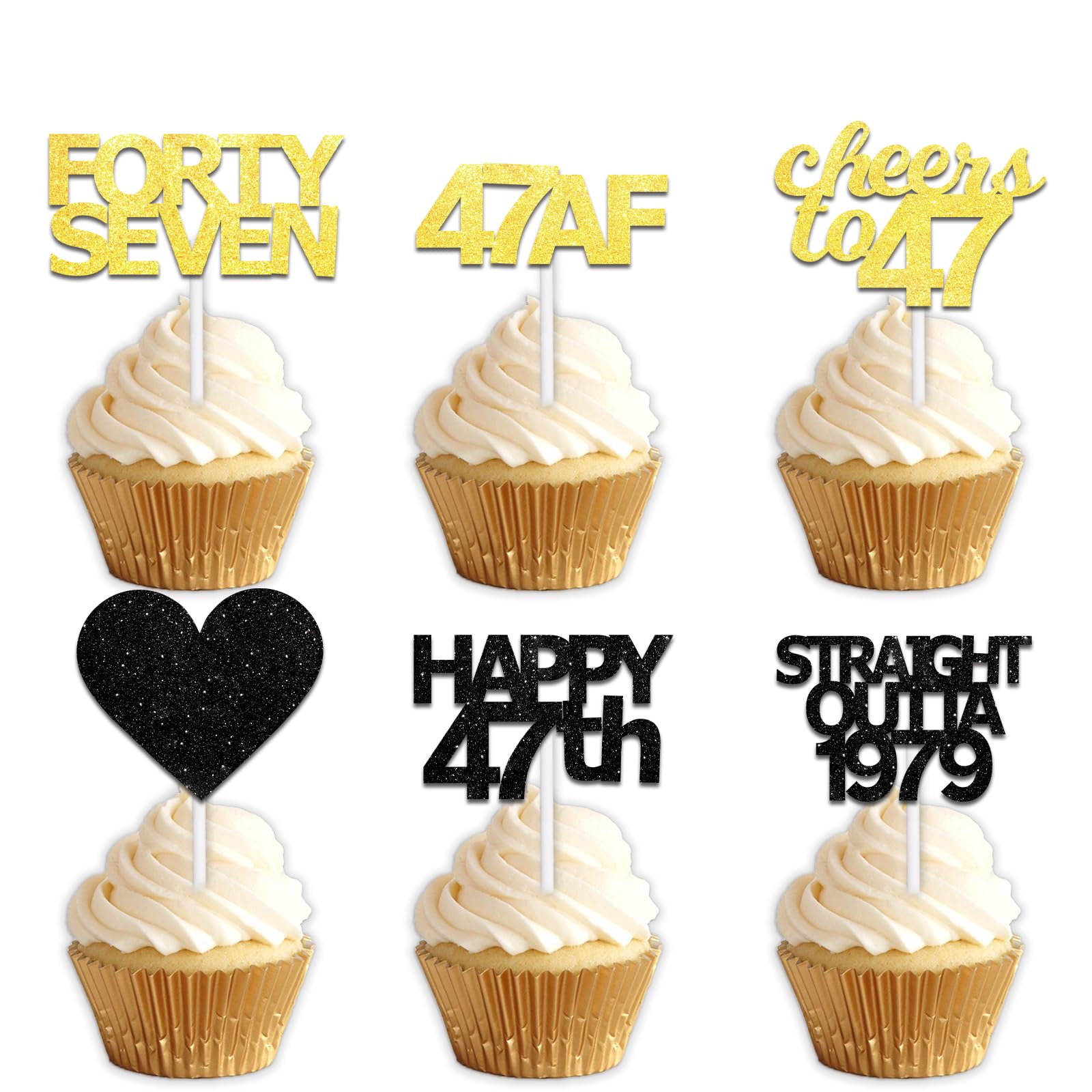 18pcs Black Gold Glitter Dessert Cupcake Pick for Straight Outta 1979 Cheer to 47 Years Old Theme Decor Supplies Happy 47th Birthday Party Decoration