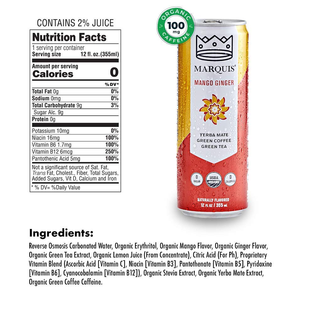 Organic Green Tea + Yerba Mate Drink by Marquis |Antioxidant Infused Sparkling Beverage | Zero Sugars, Zero Calories | Mango Ginger Flavor Super Tea |