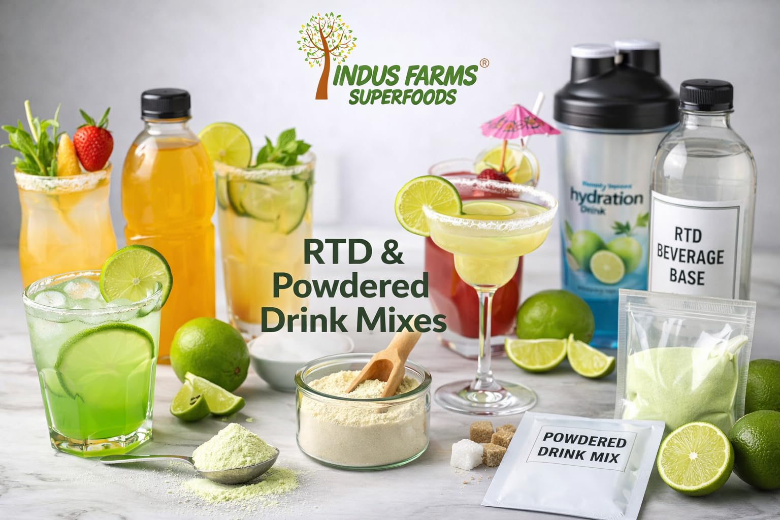 Indus Farms Lime Juice Powder Drink Mix, Unsweetened, Made from Fresh Limes (No Peel), Smooth Mixing, No Preservatives, For Drinks, Cooking, Baking