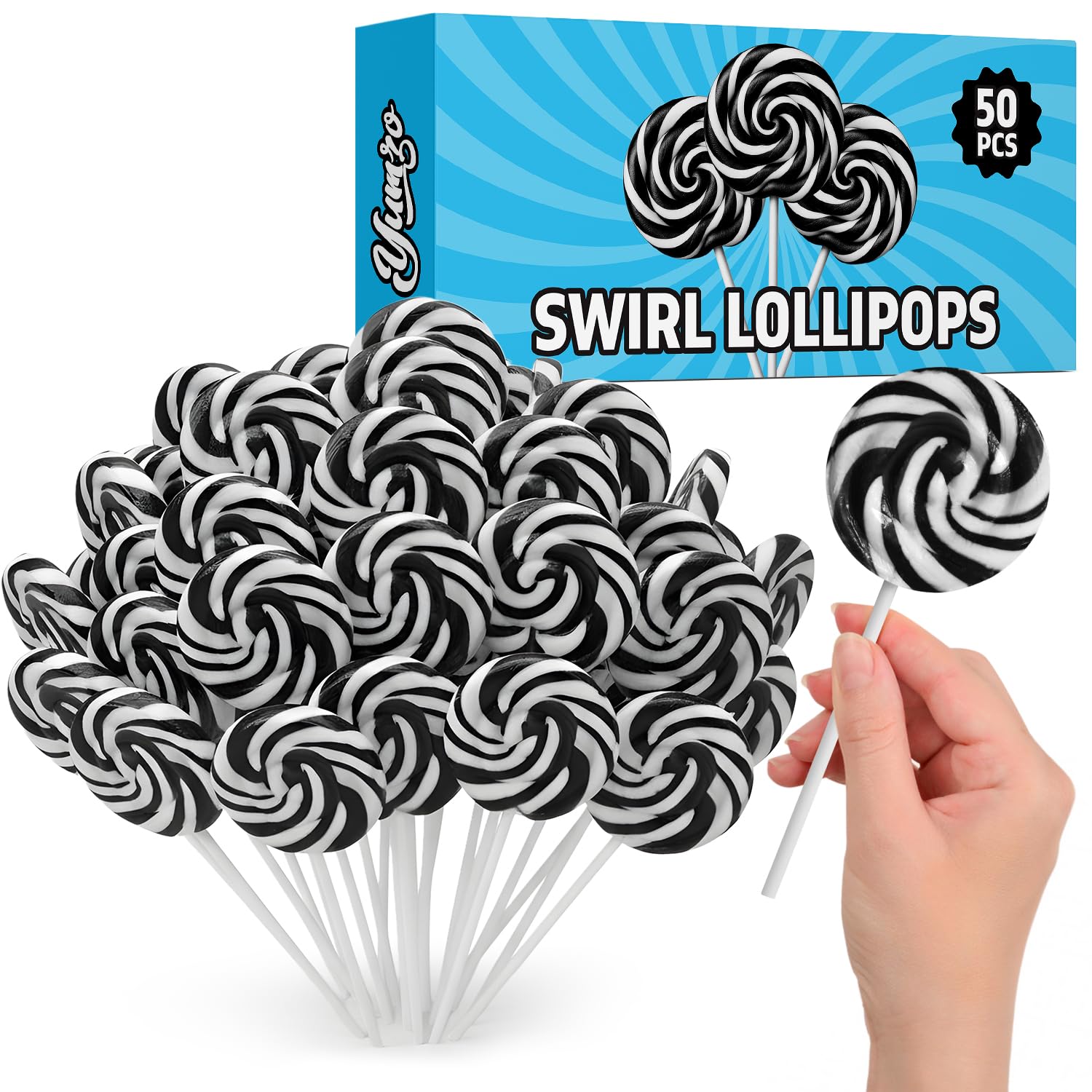 Black and White Swirl Lollipops, 50pcs Pack of Suckers Individually Wrapped, Ideal Candy Lollipops for Kids’ Parties, Summer Carnivals and Celebration