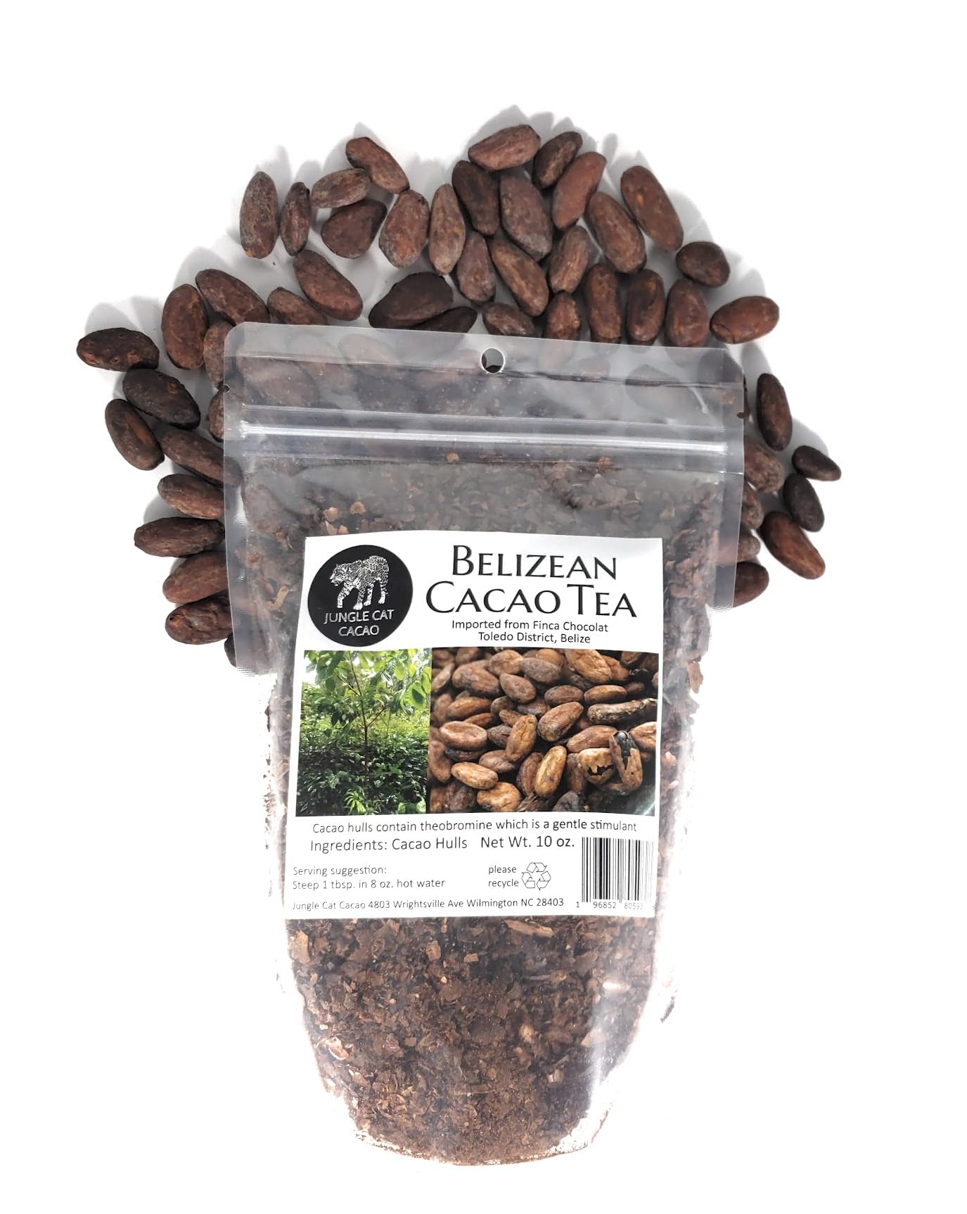 Jungle Cat Cacao Belizean Cacao Tea 10oz | Cacao Superfood - Theobromine - Gentle Stimulant - Magnesium - B Vitamins - Fantastic Strong Dark Chocolate