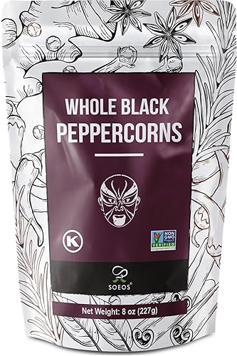 Soeos Black Peppercorns, 8oz (Pack of 1), Non-GMO, Kosher, Packed to Keep Peppers Fresh, Peppercorn for Grinder Refill, Whole Peppercorns