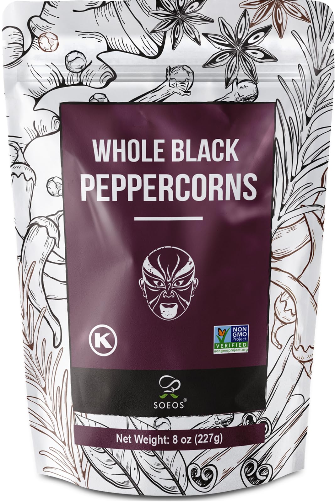 Soeos Black Peppercorns, 8oz (Pack of 1), Non-GMO, Kosher, Packed to Keep Peppers Fresh, Peppercorn for Grinder Refill, Whole Peppercorns