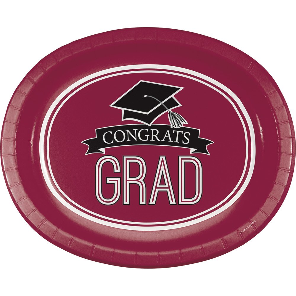 Creative Converting 8 Count School Spirit Oval Paper Platters for Graduation Party, Burgundy