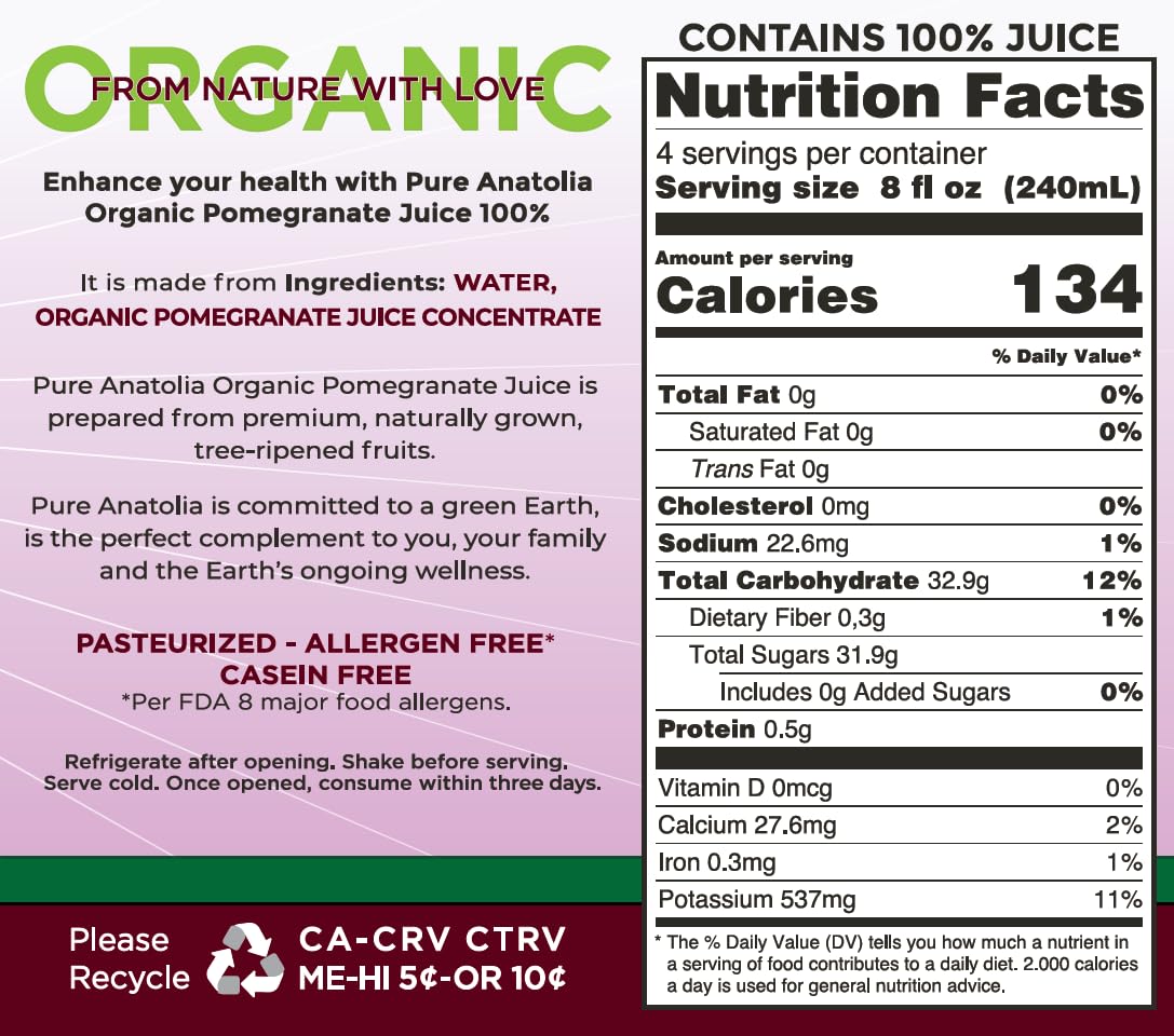 Pure Anatolia Organic Pomegranate Juice 32 fl oz - 100% Pure Juice from Pomegranate Fruit - No Sugar Added, Unsweetened, Non GMO, Vegan, Gluten Free