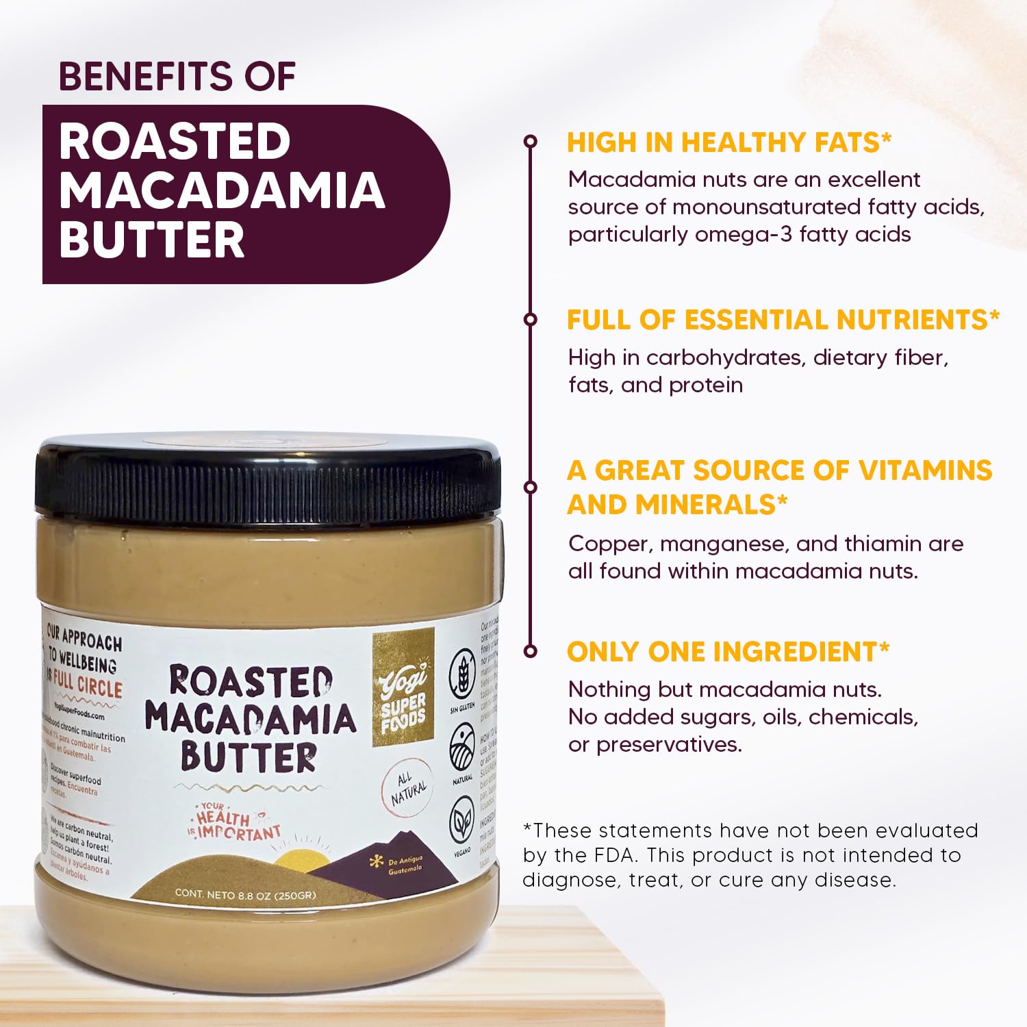 Yogi Super Foods Roasted Macadamia Nut Butter - Healthy Macadamia Butter Spread, Perfect for Keto and Paleo Diets - No Added Sugar, Creamy Texture