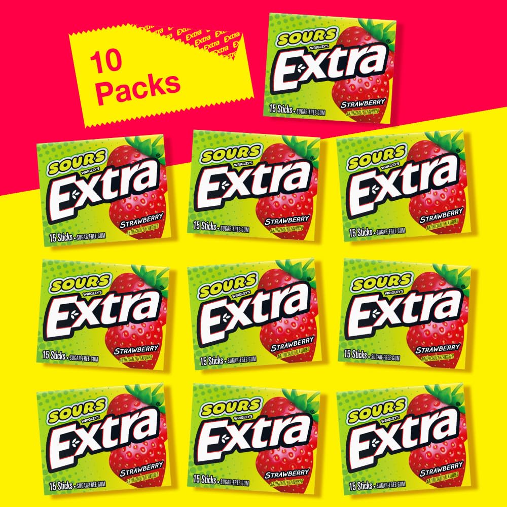EXTRA SOURS Strawberry Sugar Free Fruit Gum, Sour Candy, 15-Stick Chewing Gum Pack, Purse Essentials, 10 Count