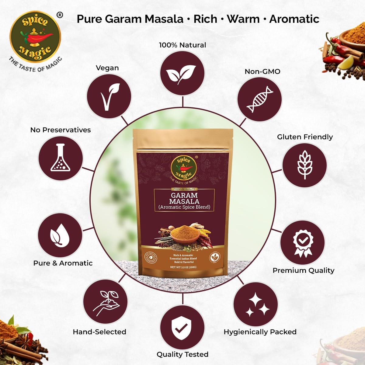 Spice Magic Garam Masala Powder 3.5 oz (100 g) | Premium Indian Spice Blend | All-Natural, Salt-Free, Vegan & Non-GMO