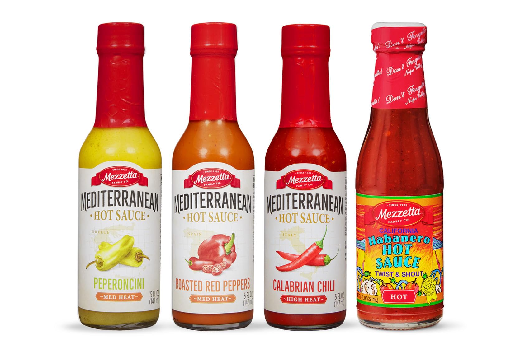 Mezzetta Hot Sauce Variety Pack Medium/High Heat - Includes: Peperoncini, Roasted Red Peppers, Calabrian Chili, CA Habanero - Non-GMO, Hot Sauces
