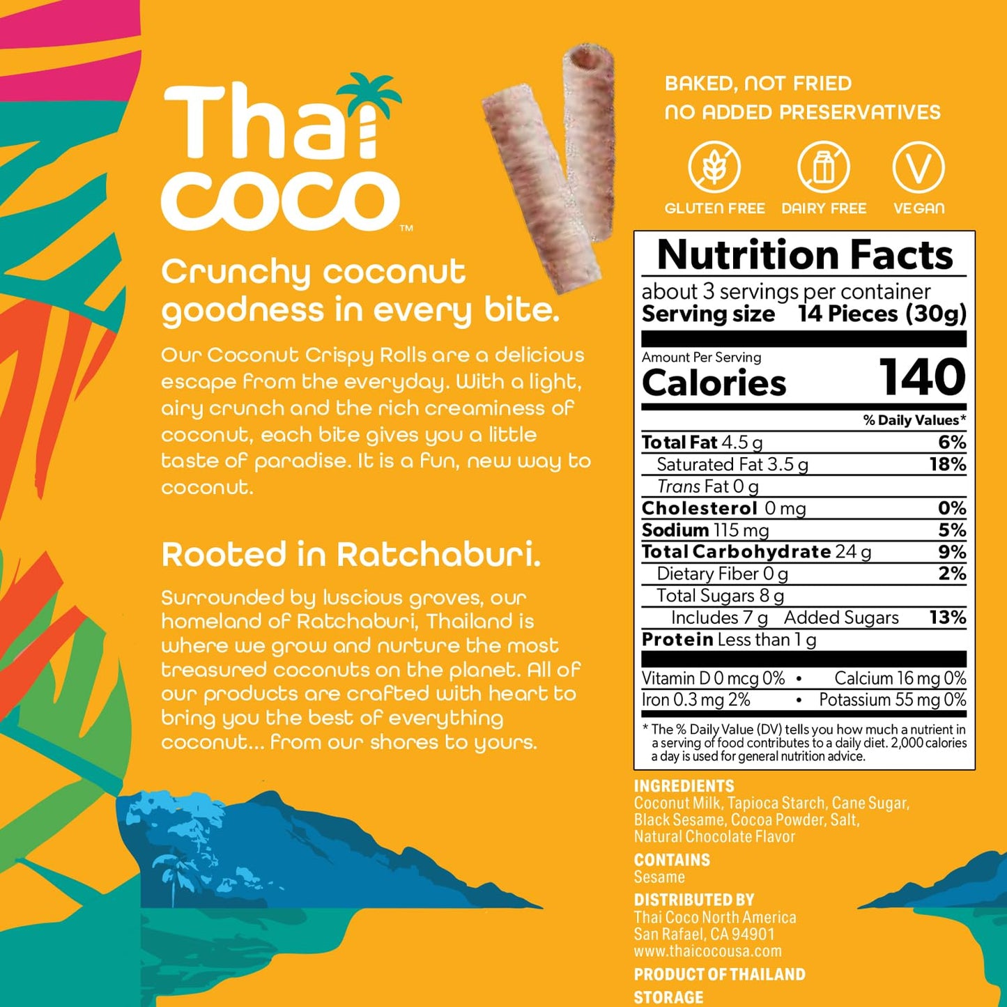 Thai Coco Chocolate Crispy Coconut Rolls 8 Bag (3.5 oz each) - Organic Tropical Snack, Vegan, Gluten-Free, Dairy-Free, Non-GMO, Light Fluffy Healthy
