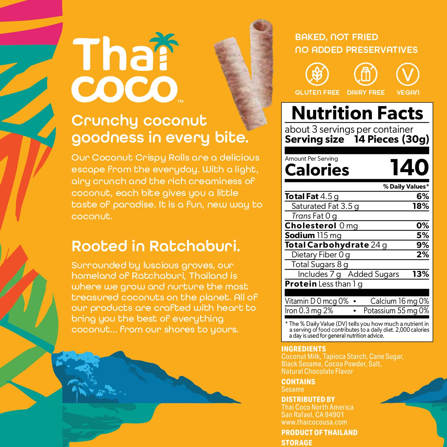 Thai Coco Chocolate Crispy Coconut Rolls 8 Bag (3.5 oz each) - Organic Tropical Snack, Vegan, Gluten-Free, Dairy-Free, Non-GMO, Light Fluffy Healthy