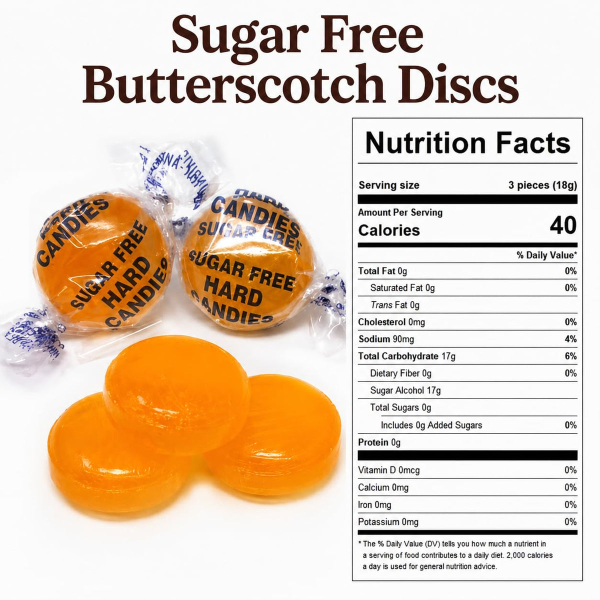 2 LB Sugar Free Butterscotch Discs - Individually Wrapped Hard Candies - One Bulk Bag
