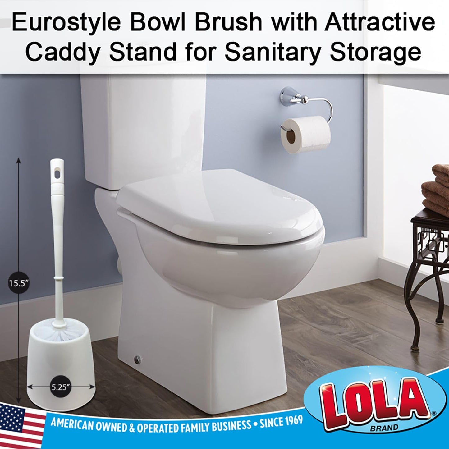 LOLA Toilet Brush and Holder Set, Classic Version, Durable Bristles for Deep Cleaning, w/Compact Space Saving Storage Holder, 1 Pack