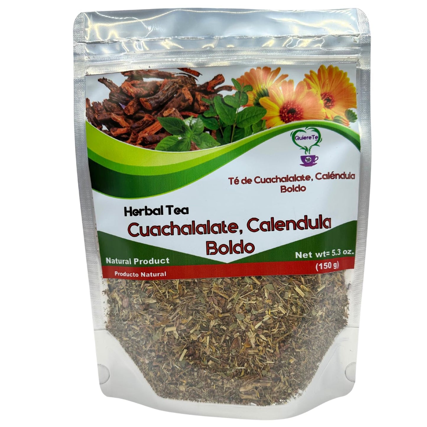 Cuachalalate, Calendula, Marigold Tea, Boldo, Basil,Herbal Mix,Quiere Te, 5.3 oz (150 grams), 1 Pack,Resealable Bag, Loose Leaf Tea,Product From