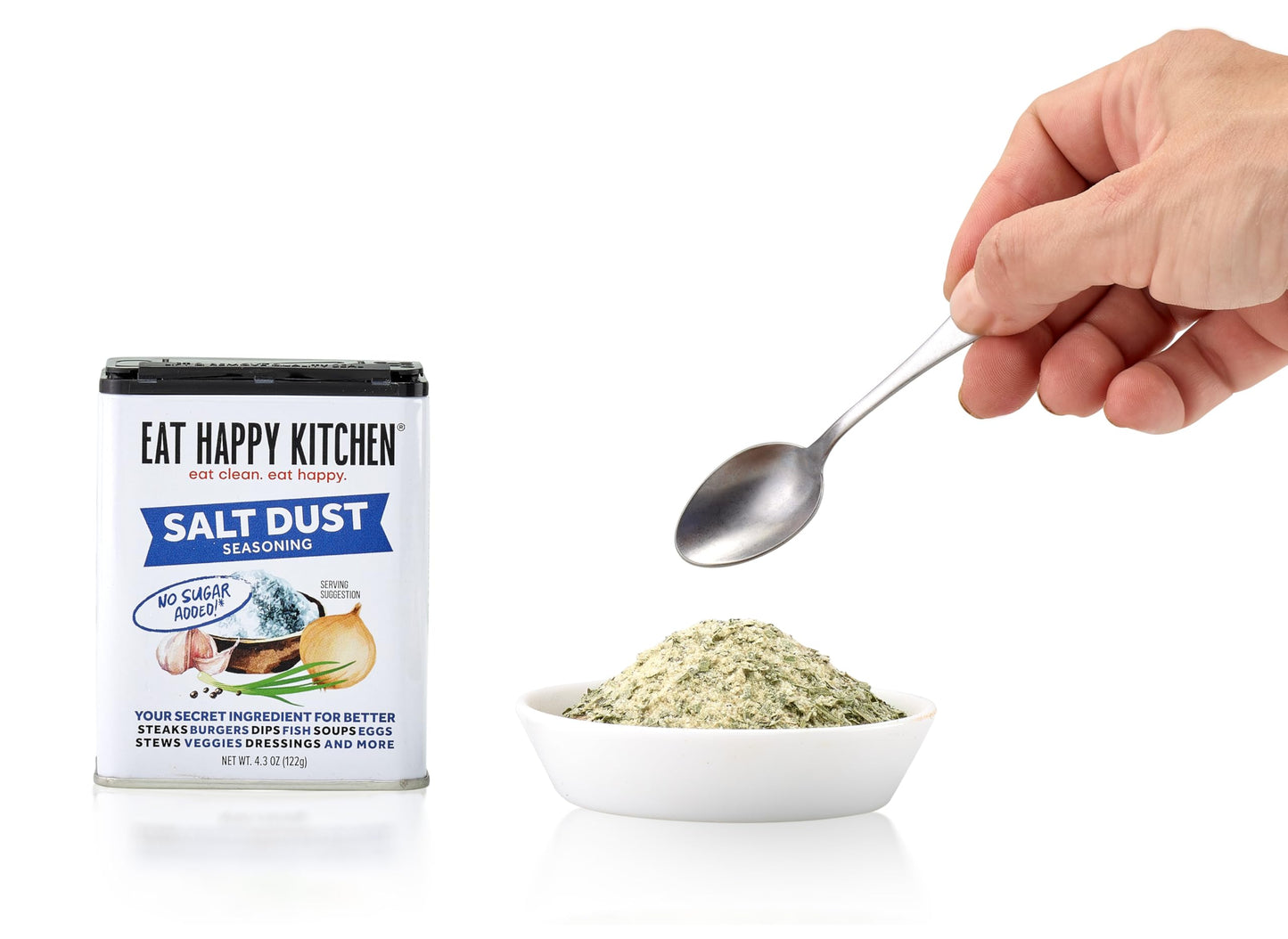 Eat Happy Kitchen Salt Dust Seasoning, 4.3 Oz - All-Purpose Salt & Pepper Replacement - No Sugar Added, Gluten Free, No Fillers - Clean Flavor