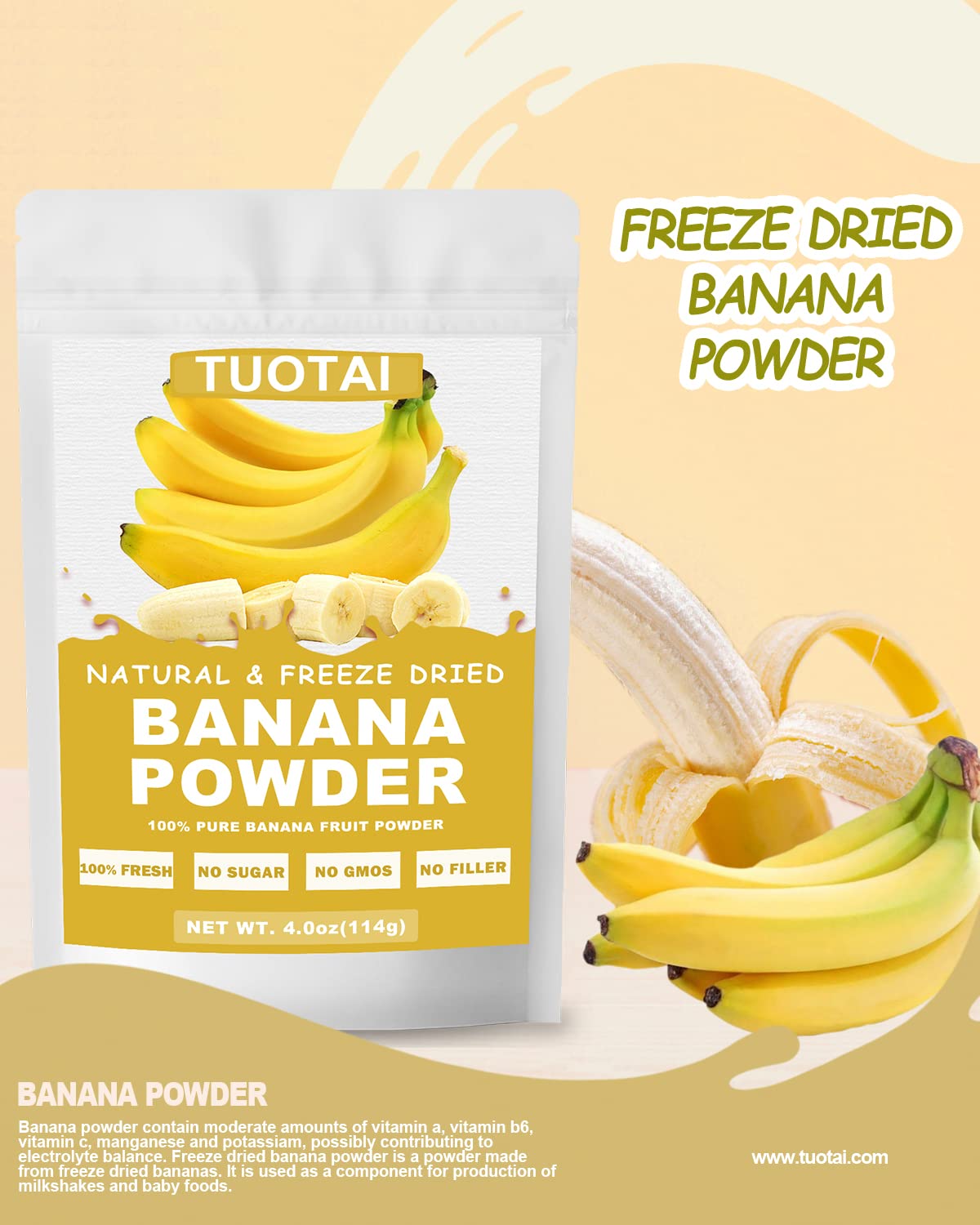 Nature Banana Fruit Powder,4 Ounces,Freeze Dried Banana Powder for Cake, Drinks and Baking Food