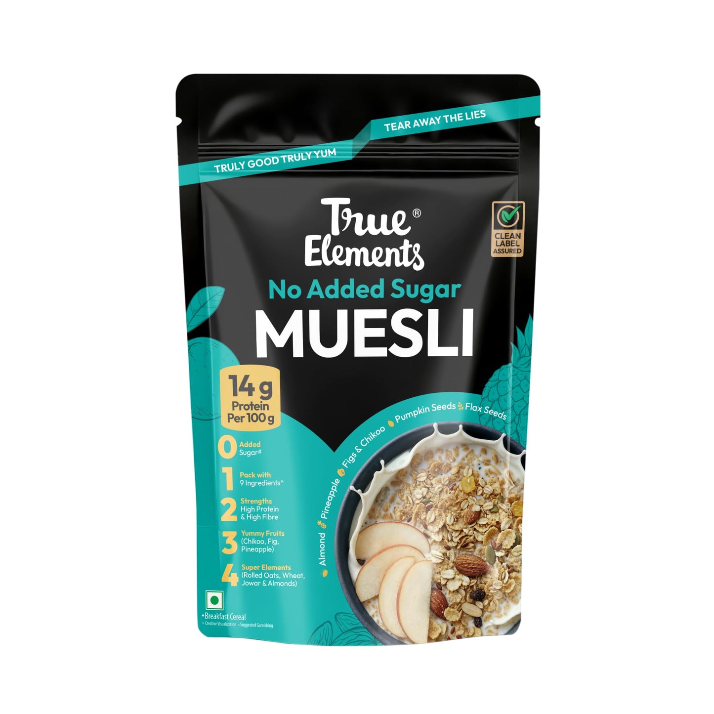 True Elements Muesli Sugar Free 1kg - Packed with 13.5g Plant Protein | Breakfast Cereal | No Added Sugar