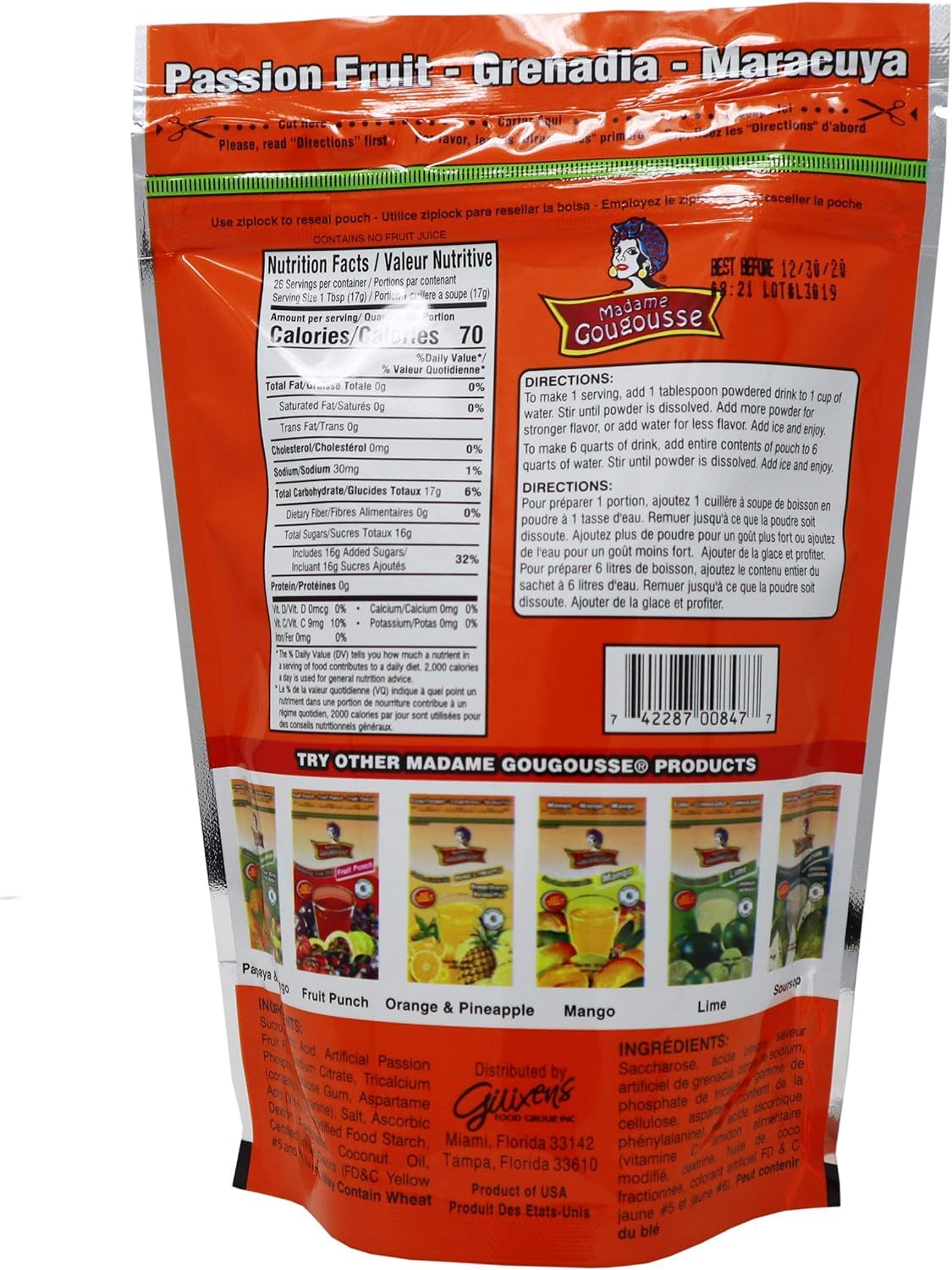 Madame Gougousse Passion Fruit Sweetened Drink Mix, 16 Ounce Resealable Pouch