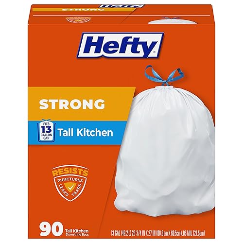 Hefty Strong 13 Gallon Trash Bags, Tall Kitchen Trash Bags, UnscentedLarge Trash Bags with Drawstrings, Durable Closure, Resists Leaks, Punctures
