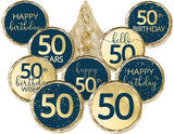 DISTINCTIVS Navy Blue and Gold Foil 50th Birthday Kiss Stickers - 180 Count - Real Gold Foil - 50th Birthday Party Favors for Men and Women