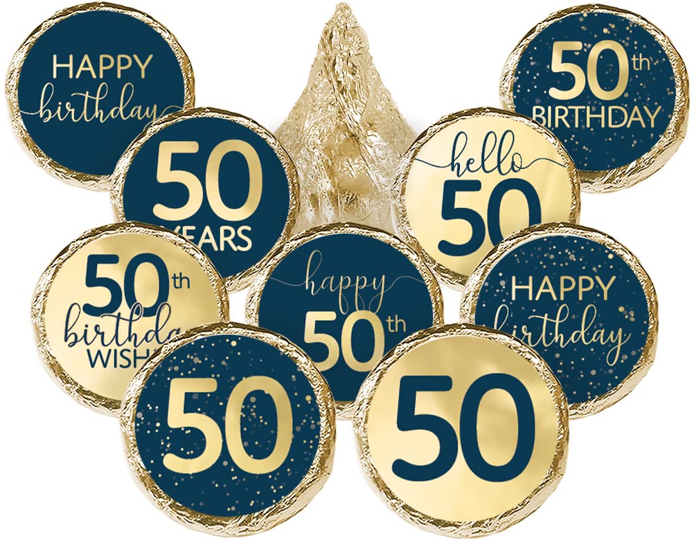 DISTINCTIVS Navy Blue and Gold Foil 50th Birthday Kiss Stickers - 180 Count - Real Gold Foil - 50th Birthday Party Favors for Men and Women