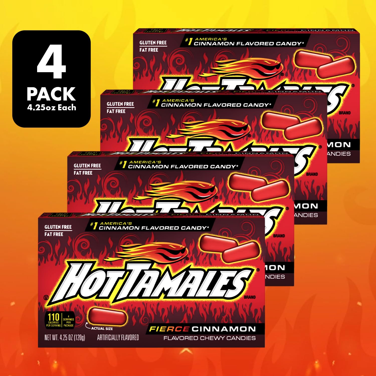 Hot Tamales Fierce Cinnamon Candy, 4 Pack - 4.25oz Each, Ideal for Candy Lovers and Fans of Hot Tamales, Perfect for Snacking, Sharing, Parties, or