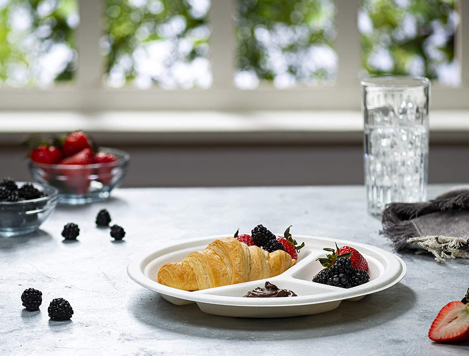 GUSTO 100% Compostable Sugarcane Paper Plates, Heavy Duty, Eco-Friendly, Biodegradable - White, 10 Inch, 3 Compartment, Case of 500