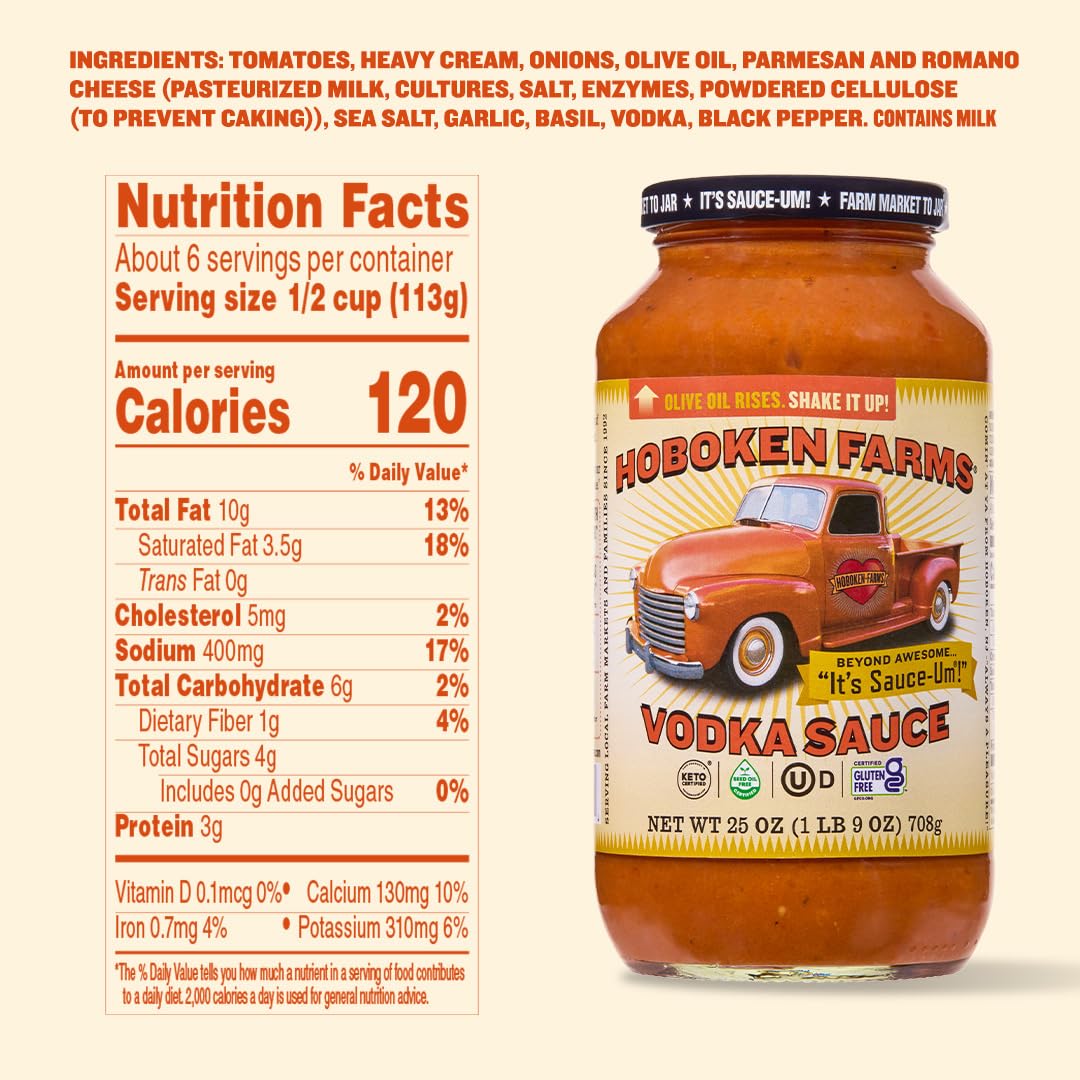 Hoboken Farms Vodka Sauce - No Sugar Added, Non-GMO, Preservative-Free, Low Carb, Keto - Better For You Pasta Sauce! (25 Fl Oz, Pack of 2)