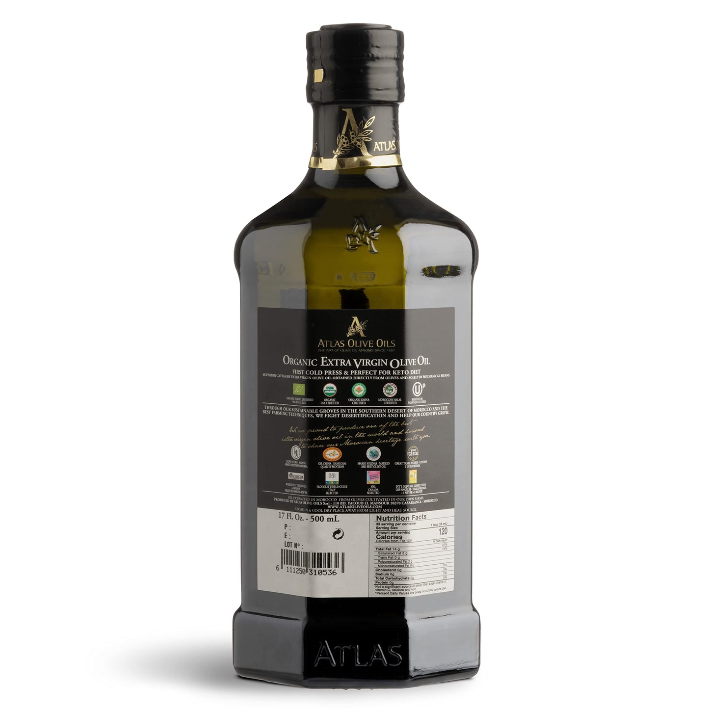 Atlas Organic Cold Pressed Moroccan Extra Virgin Olive Oil, Polyphenol Rich | EVOO From Morocco, Newly Harvested Unprocessed from One Single Family Farm | Trusted by Award-Winning Chefs | 500 mL