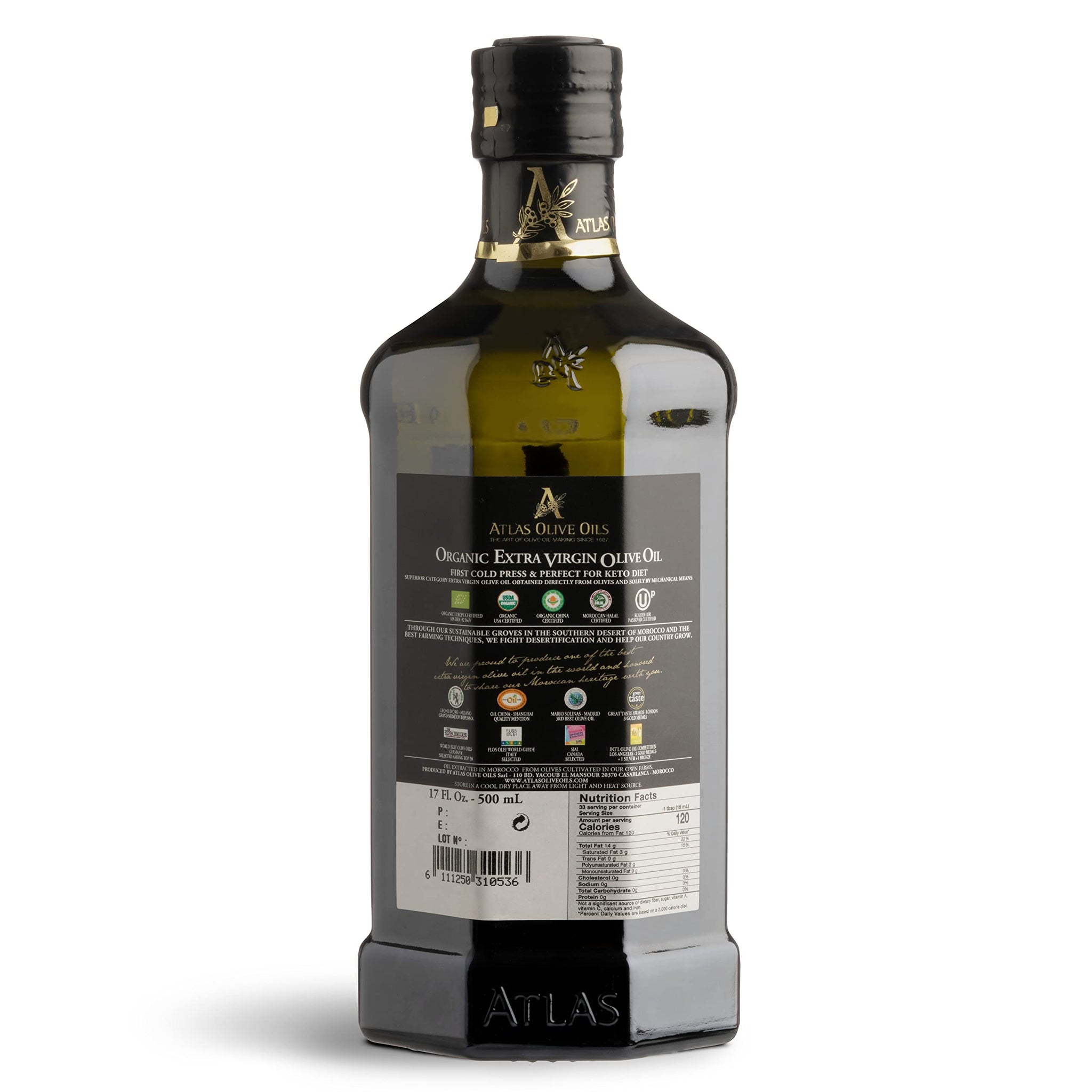 Atlas Organic Cold Pressed Moroccan Extra Virgin Olive Oil, Polyphenol Rich | EVOO From Morocco, Newly Harvested Unprocessed from One Single Family Farm | Trusted by Award-Winning Chefs | 500 mL