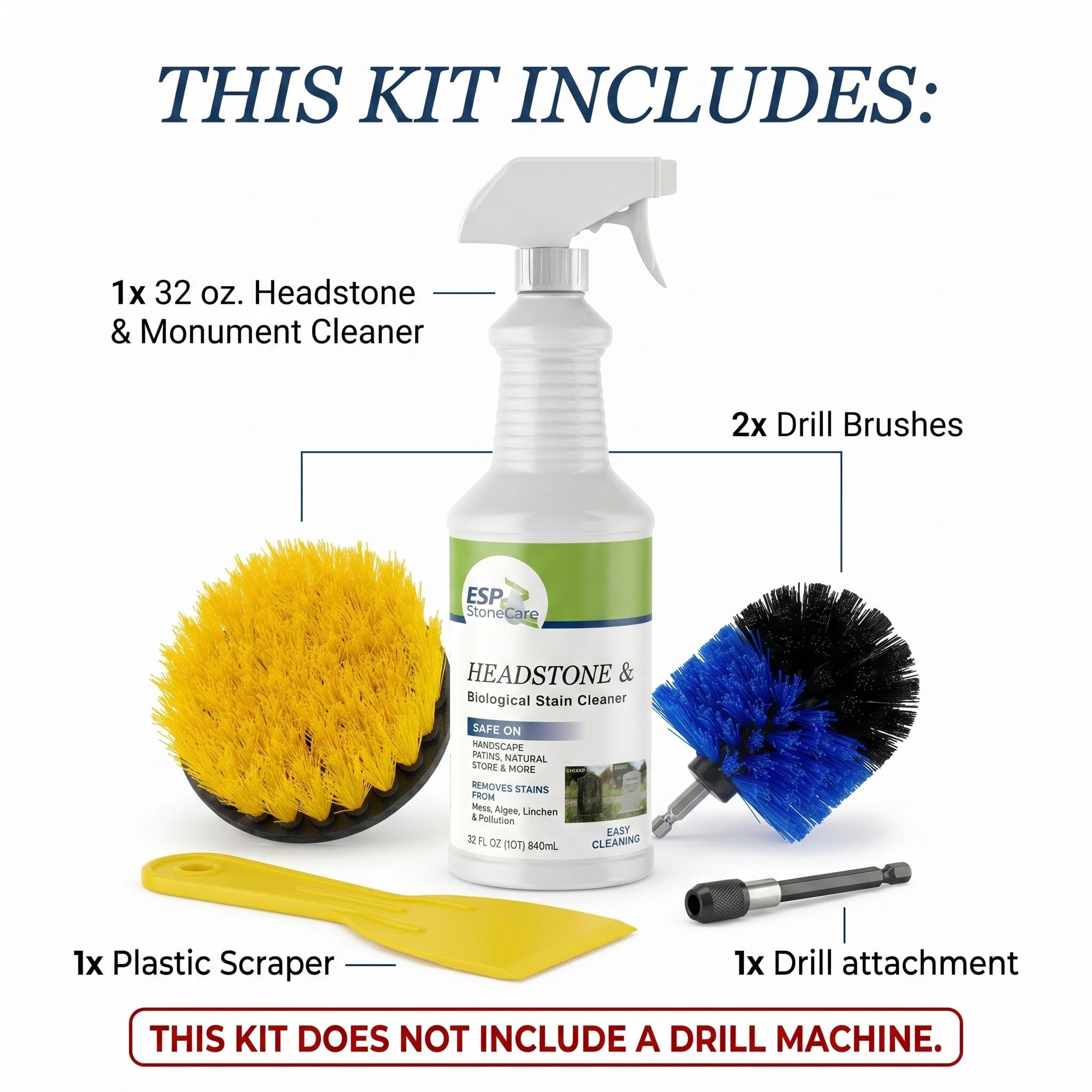 ESP Stone Care Headstone Cleaner Kit for Grave Cleaning - 1 Quart Spray Solution - Includes Drill Brushes - Ideal for Cleaning Headstones, Tombstones