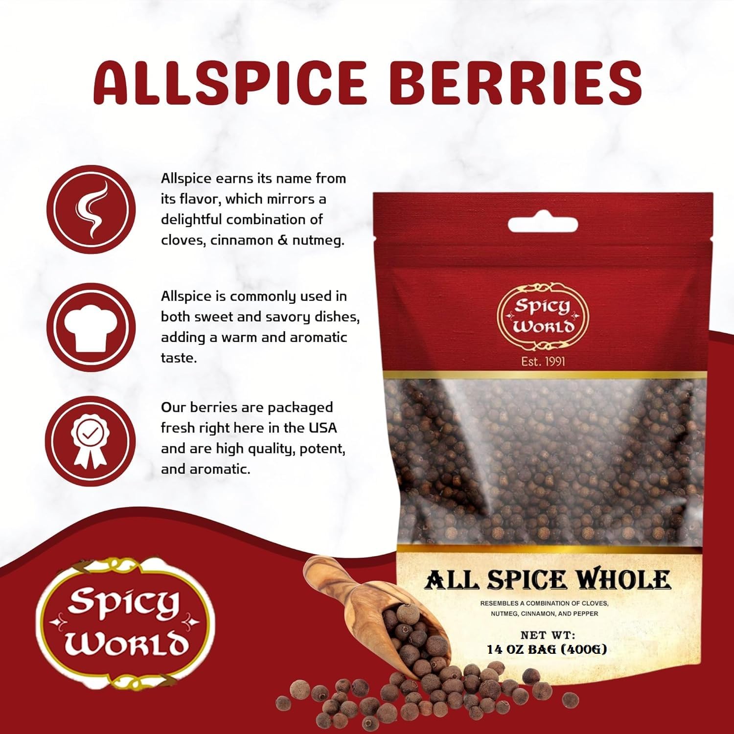Spicy World Whole Allspice Berries 14 Oz Resealable Bag | All Spice Pimento Jamaica Pepper for Cooking & Seasoning | Versatile Berry for Curries