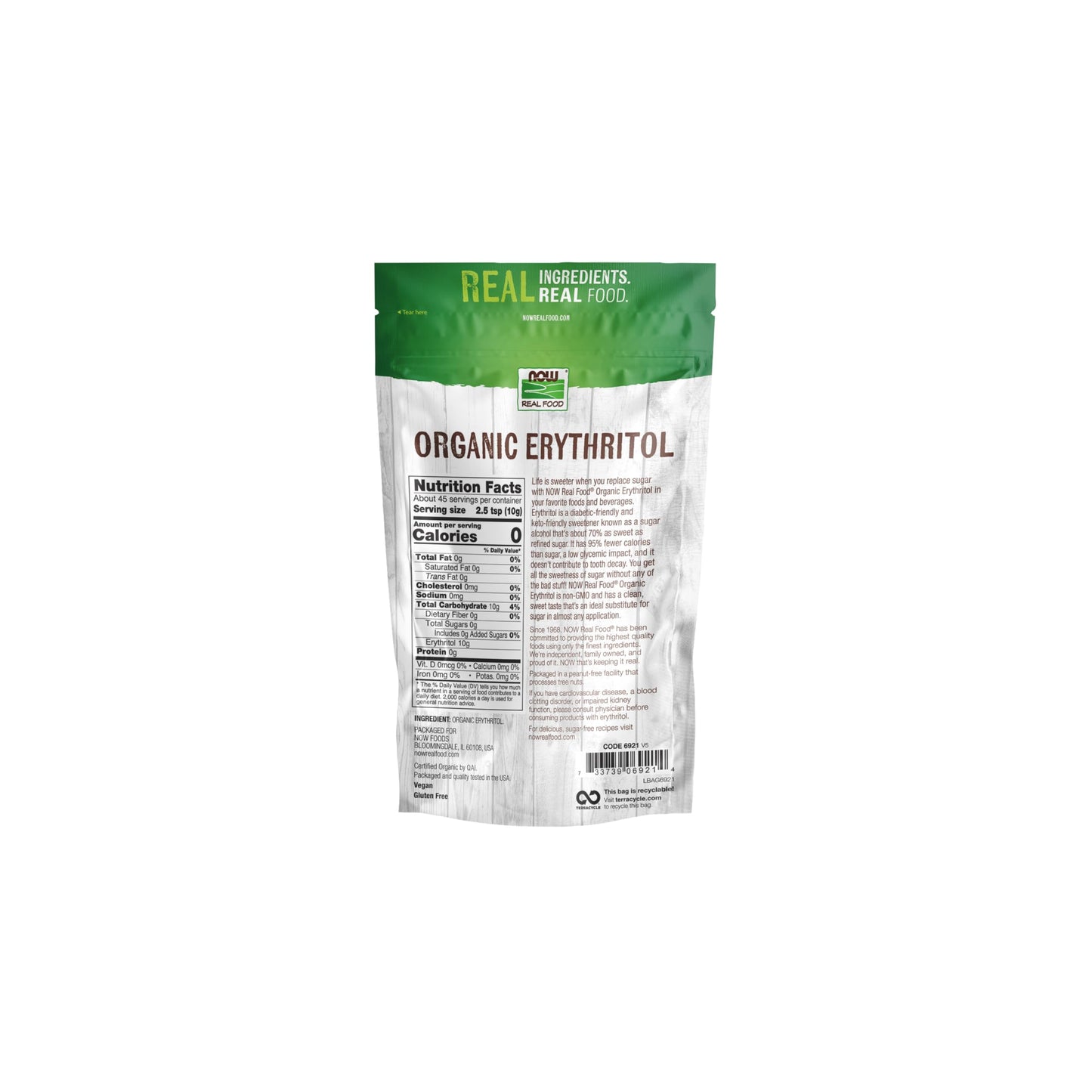 NOW Foods, Organic Erythritol, Pleasant Sweetner for Reduced-Calorie and Sugar-Free Recipes, Zero-Calorie, Low Glycemic Impact, 1-Pound (Packaging May