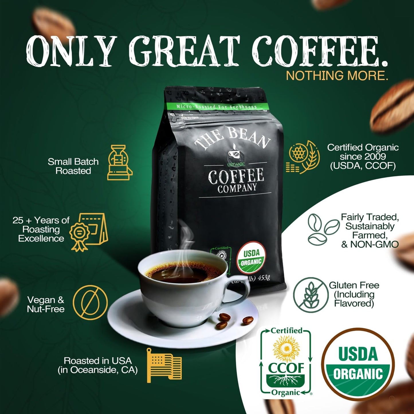 The Bean Organic Coffee Company Island Blend, Medium Roast, Whole Bean Coffee, 16-Ounce Bag