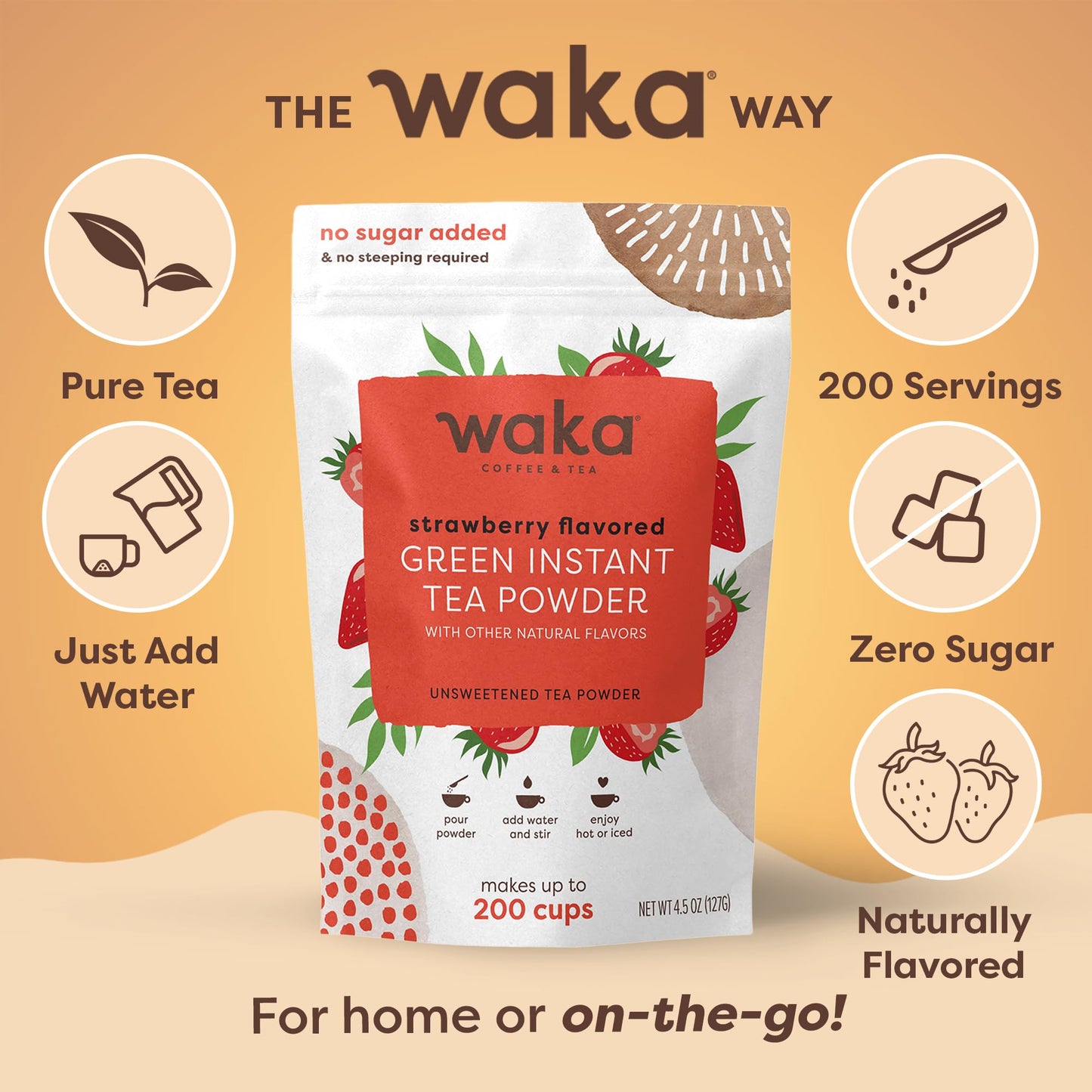 Waka Instant Green Tea Mix, Strawberry Flavored - 100% Tea Leaves, No Additives, Unsweetened Tea Powder in Bulk Pouch - Easy Quick Hot and Iced Teas