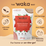 Waka Instant Green Tea Mix, Strawberry Flavored - 100% Tea Leaves, No Additives, Unsweetened Tea Powder in Bulk Pouch - Easy Quick Hot and Iced Teas