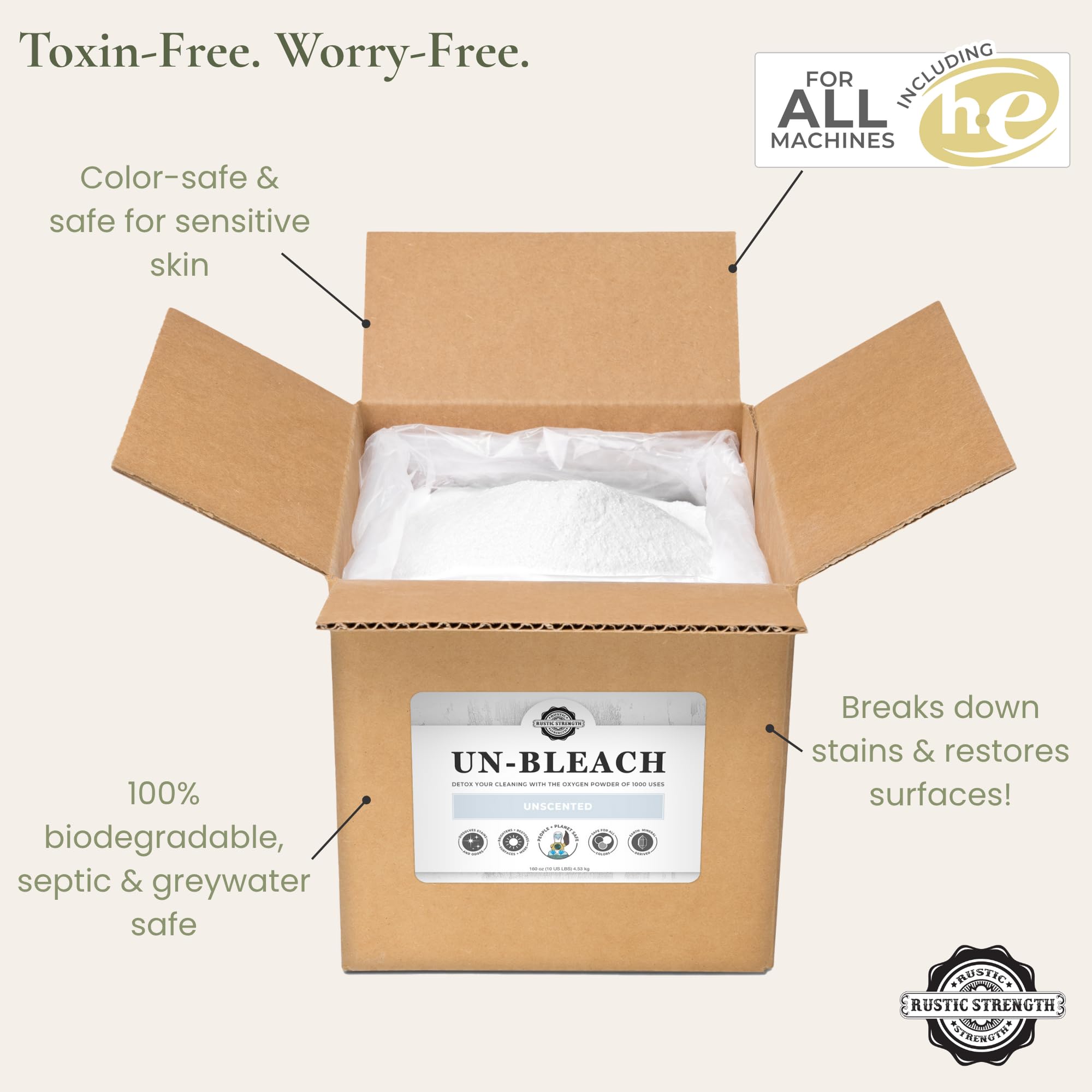 Rustic Strength Un-Bleach, Oxygen Bleach Alternative, Color Safe, Non-Toxic, Odor & Stain Remover, Biodegradable, 10 lb