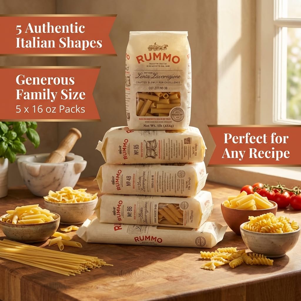 Rummo Pasta Variety Pack - Spaghetti Noodles, Fusilli, Penne Rigate, Farfalle, Ziti, Made with Semolina Flour, Pasta from Italy - 16 Ounce (Pack of 5)