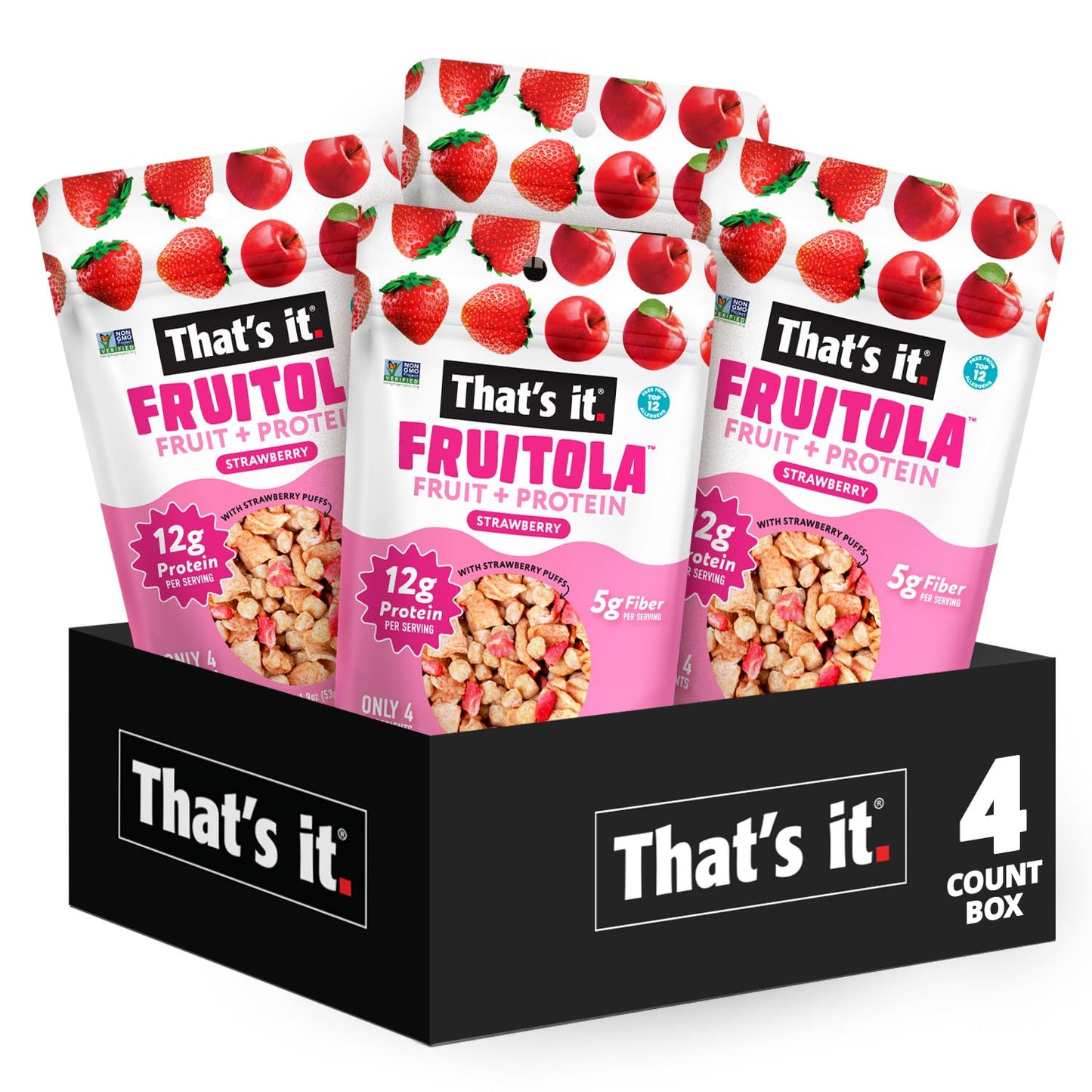 That’s it. Fruitola Fruit Granola - Strawberry, 12g Plant-Based Protein, 5g Fiber from Fruit, 100% Real Fruits, Only 4 Ingredients, Zero Added Sugar