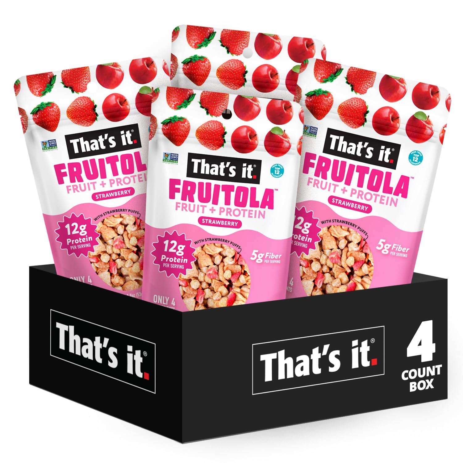 That’s it. Fruitola Fruit Granola - Strawberry, 12g Plant-Based Protein, 5g Fiber from Fruit, 100% Real Fruits, Only 4 Ingredients, Zero Added Sugar