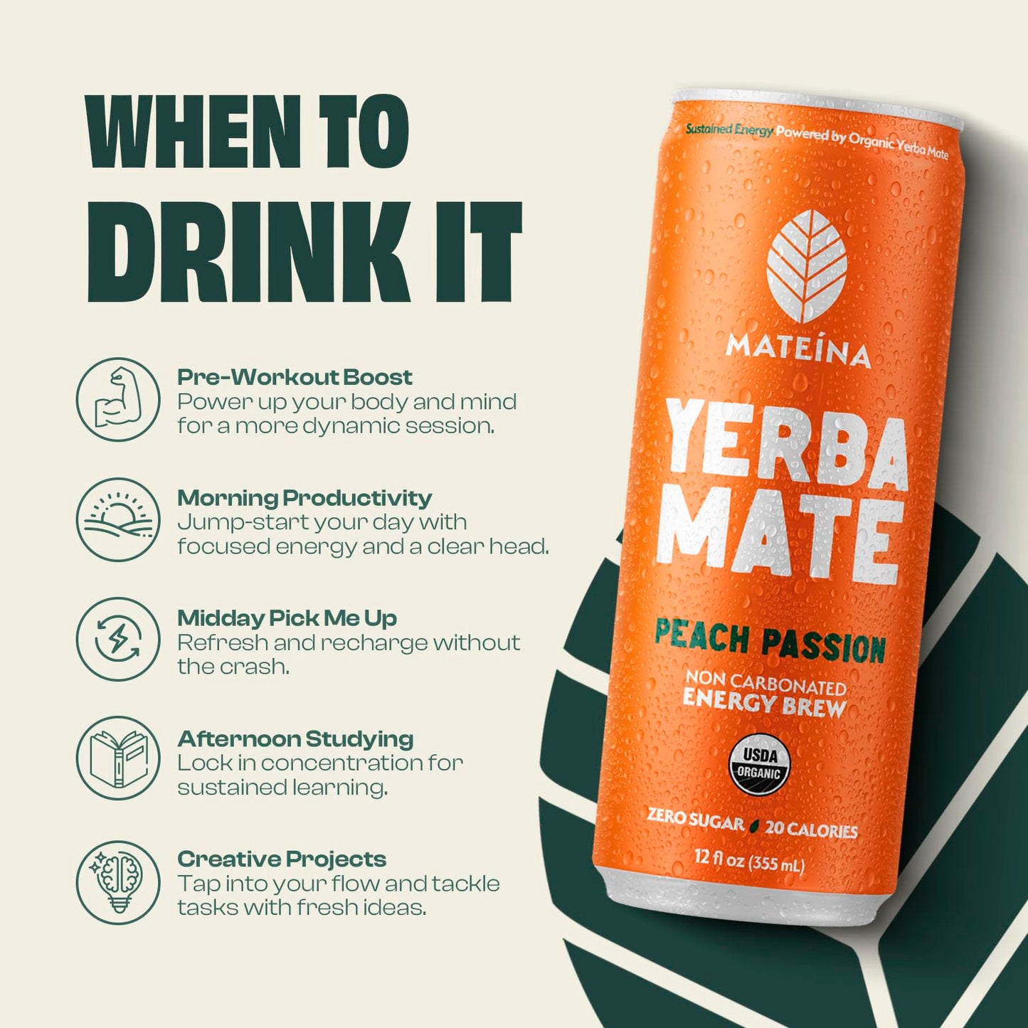 Mateina Yerba Mate Zero Sugar Energy Drink - 120mg Natural Caffeine - Organic, Non-GMO, Non-Carbonated - Dr. Andrew Huberman Recommended - (12 fl oz