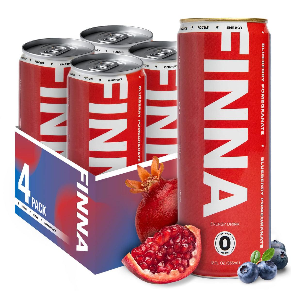 FINNA Sugar Free Energy Drink, Blueberry Pomegranate, 12 Fl Oz (Pack of 4)