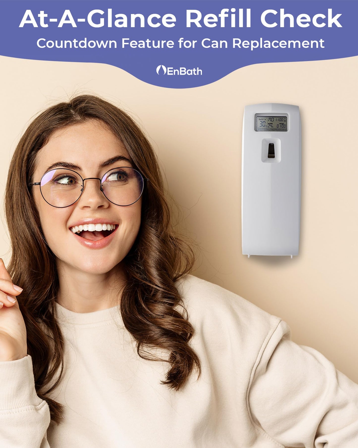 Programmable Commercial Air Freshener for Businesses or Home, White LCD Automatic Bathroom Air Freshener Spray Dispenser- Schedule by Day, Time