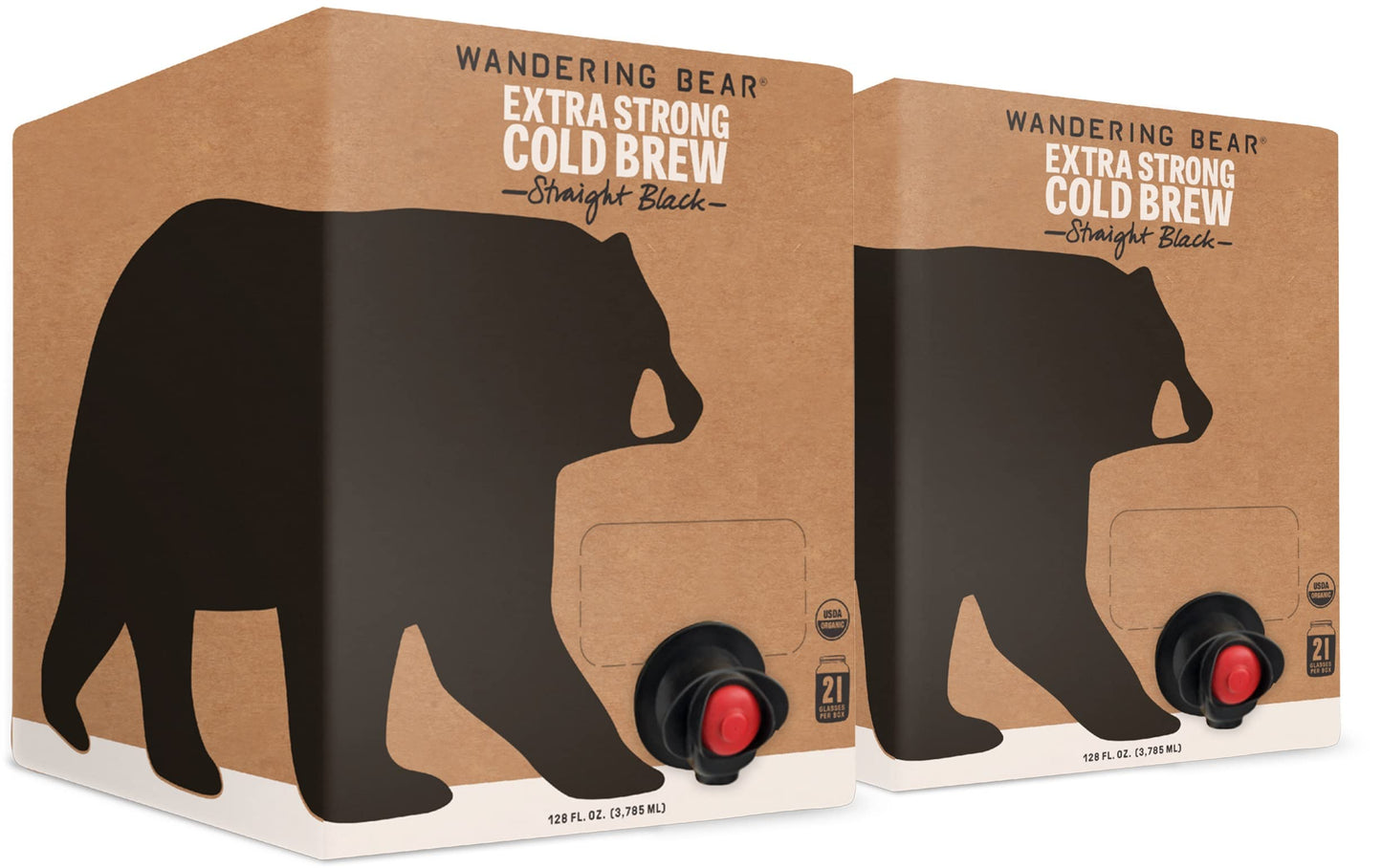 Wandering Bear Extra Strong Organic Cold Brew Coffee On Tap, Straight Black, 128 fl oz (1 gallon) - 2 Pack - Smooth, Unsweetened, Shelf-Stable
