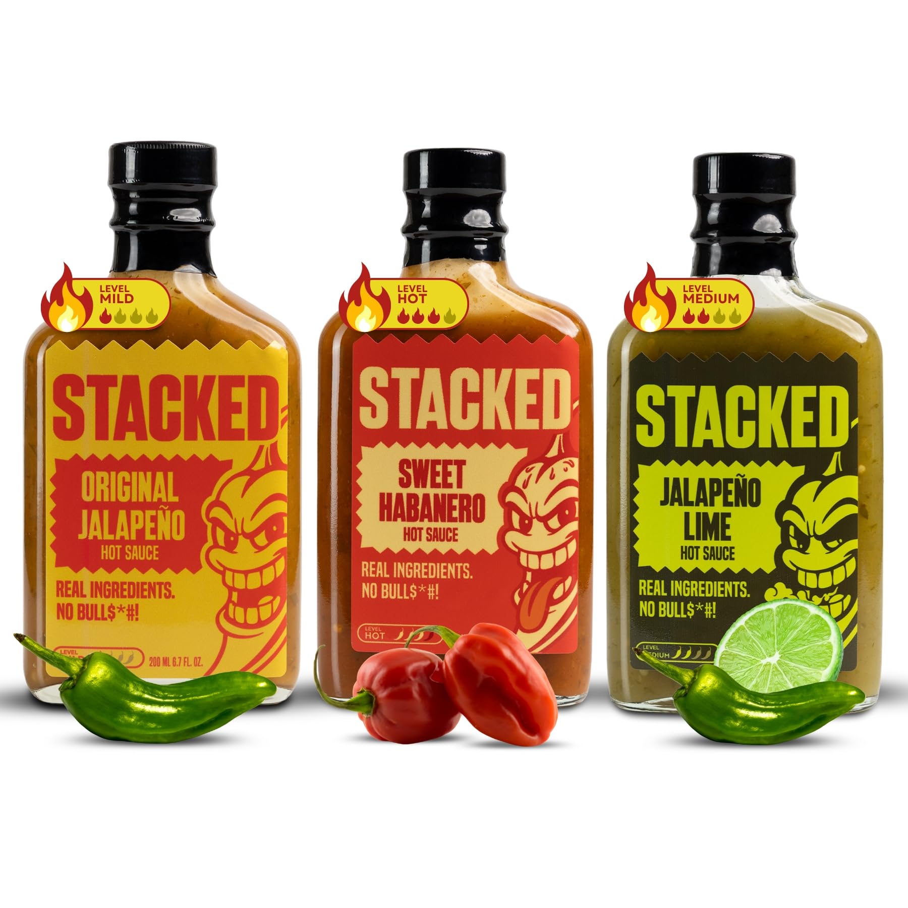 Stacked Hot Sauce Variety Pack - Original Jalapeño, Sweet Habanero, and Jalapeño Lime - Pack of 3, 6.7 fl oz Each - Gourmet Spicy Condiment Made
