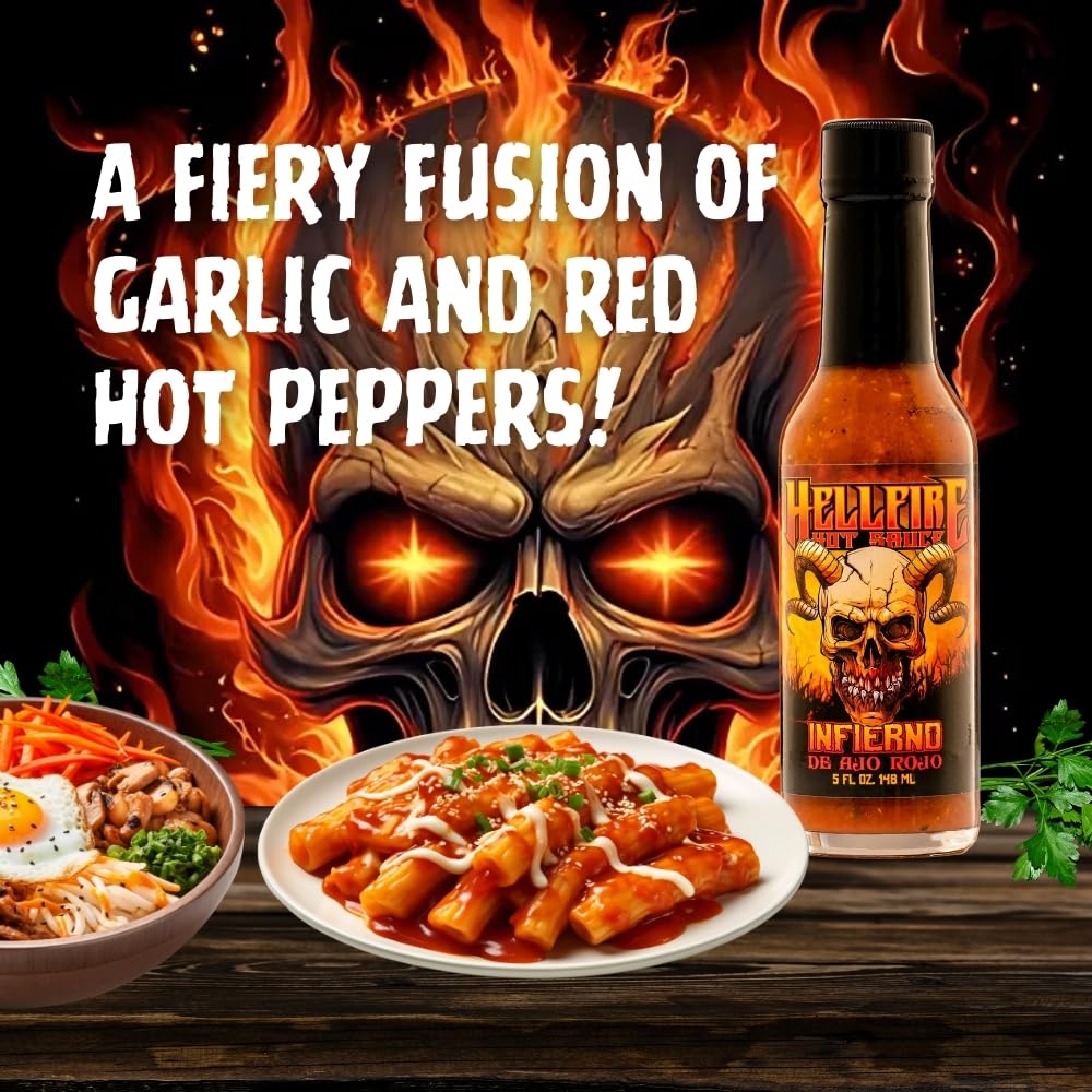 Hellfire Hot Sauce Infierno De Ajo Rojo - Gourmet Red Salsa Hot Sauce With Garlic and Carolina Reaper Peppers, 5 oz.