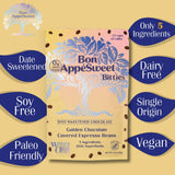Bon Appesweet Date Sweetened Chocolate Covered Espresso Beans - Golden Chocolate Covered | 3 Ounce (Pack of 5) | Zero Added Sugar, 37% Cacao, Plant